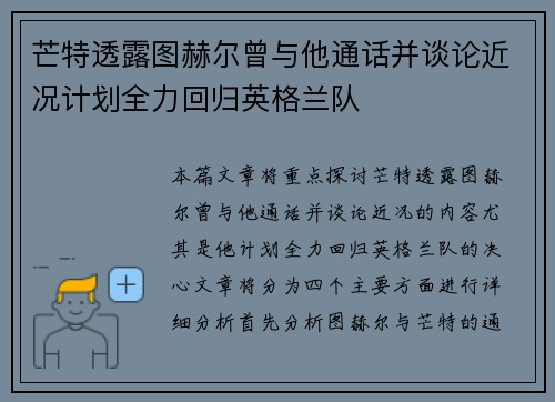 芒特透露图赫尔曾与他通话并谈论近况计划全力回归英格兰队