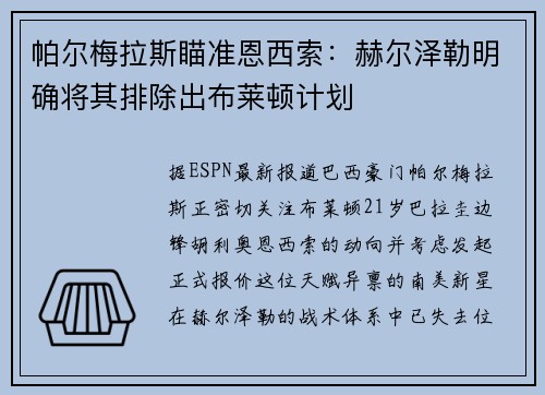 帕尔梅拉斯瞄准恩西索：赫尔泽勒明确将其排除出布莱顿计划